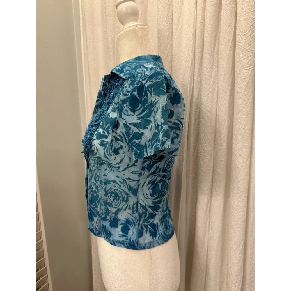 Vtg 90s Y2K Rampage Sheer Velvet Burnout Top Sz M Aqua Floral Ruffle Collar Mesh - Picture 14 of 14